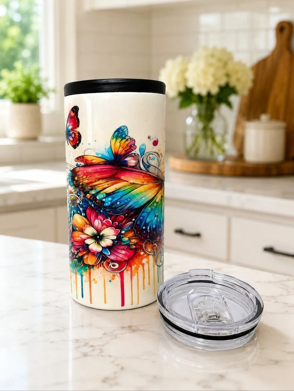 Handmade Butterfly 12oz Slim Duozie Tumbler Can Cooler with Extra Lid New